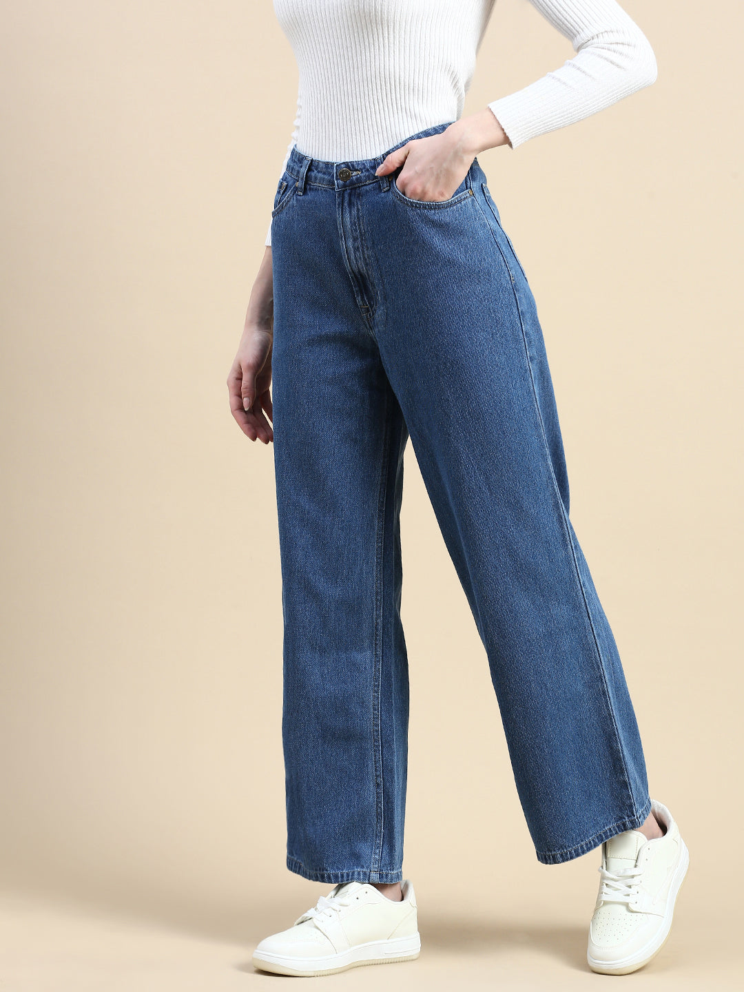 Jeans Pant Wide Leg-Mid Blue - De Moza