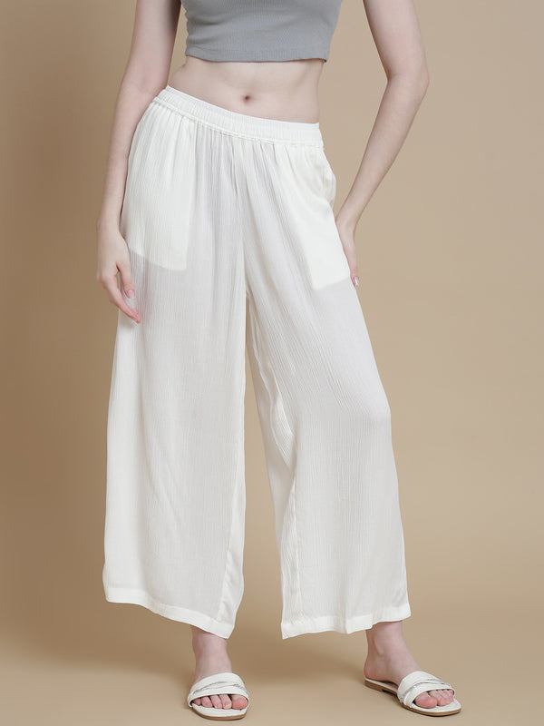 De Moza Women Woven Rayon Straight Palazzo with Functional Pockets Offwhite - De Moza