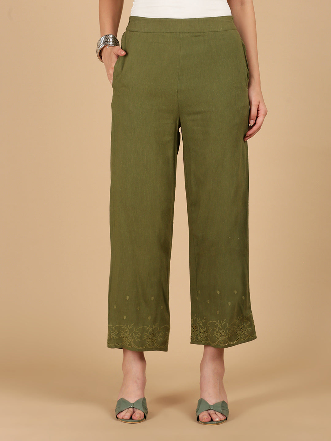 De Moza Women Woven Rayon Regular Fit Palazzo with Functional Pockets Olive Green - De Moza
