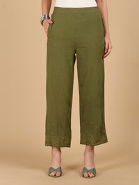 De Moza Women Woven Rayon Regular Fit Palazzo with Functional Pockets Olive Green - De Moza