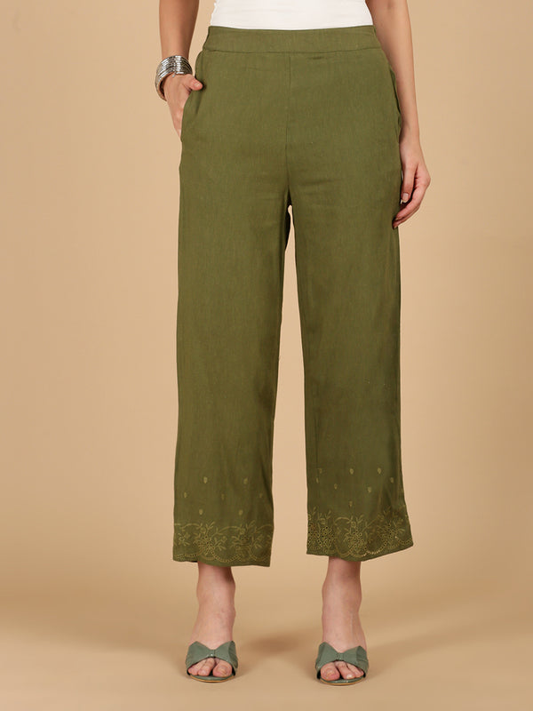 De Moza Women Woven Rayon Regular Fit Palazzo with Functional Pockets Olive Green - De Moza
