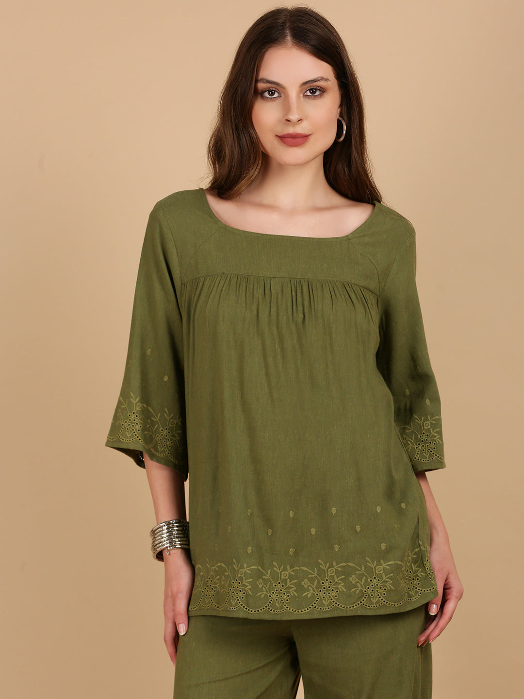 De Moza Women Woven Rayon Boxy Fit Top Olive Green