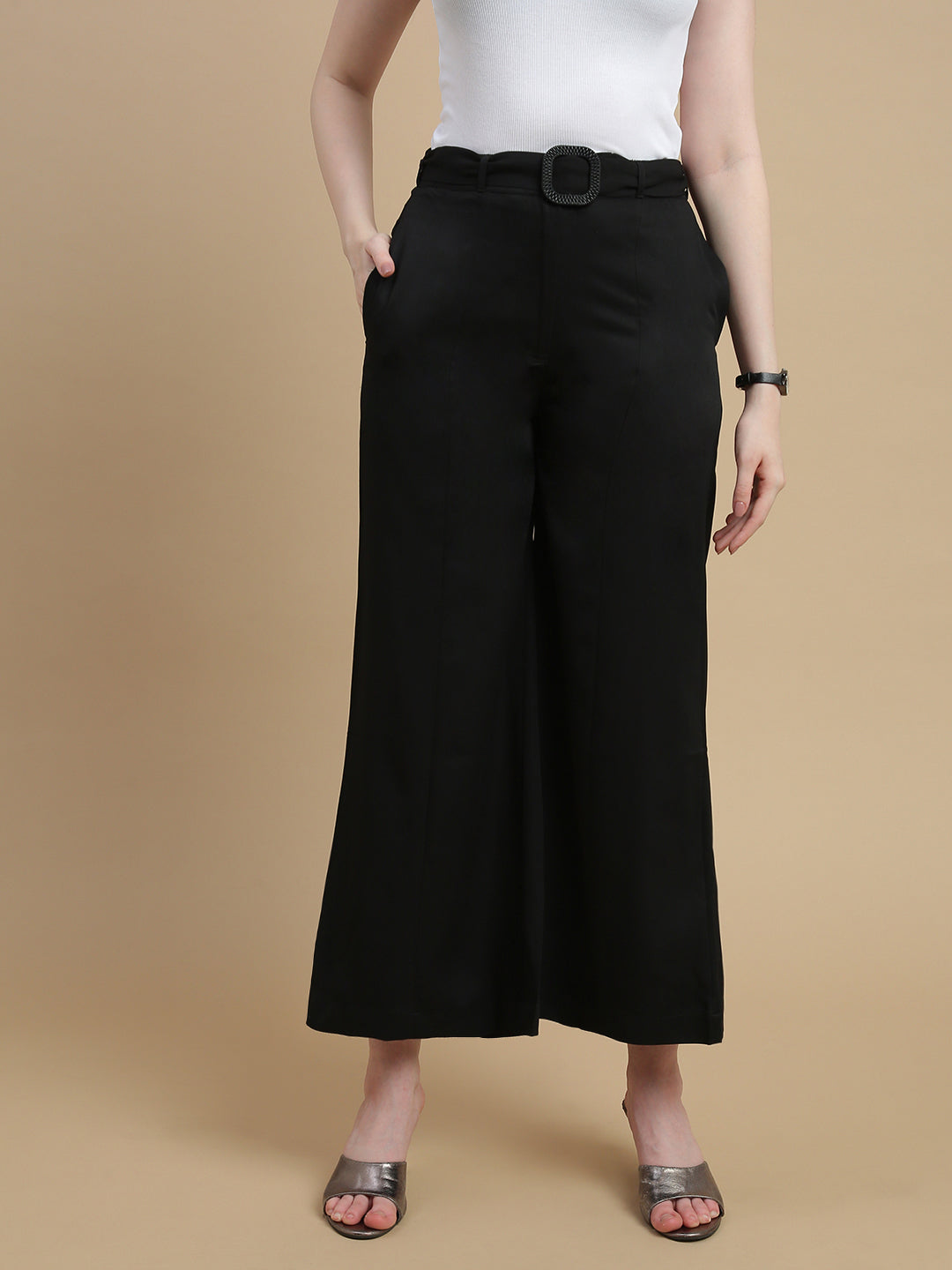 De Moza Women Woven Polyester Regular Fit Work Wear Casual Pant with Functional Pockets Black - De Moza