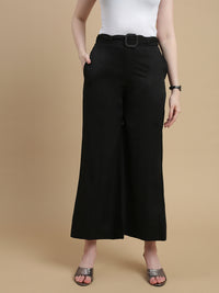 De Moza Women Woven Polyester Regular Fit Work Wear Casual Pant with Functional Pockets Black - De Moza