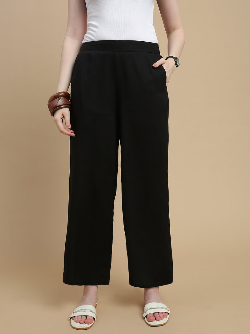 De Moza Women Viscose  Palazzo Pant with Functional Pockets Black - De Moza
