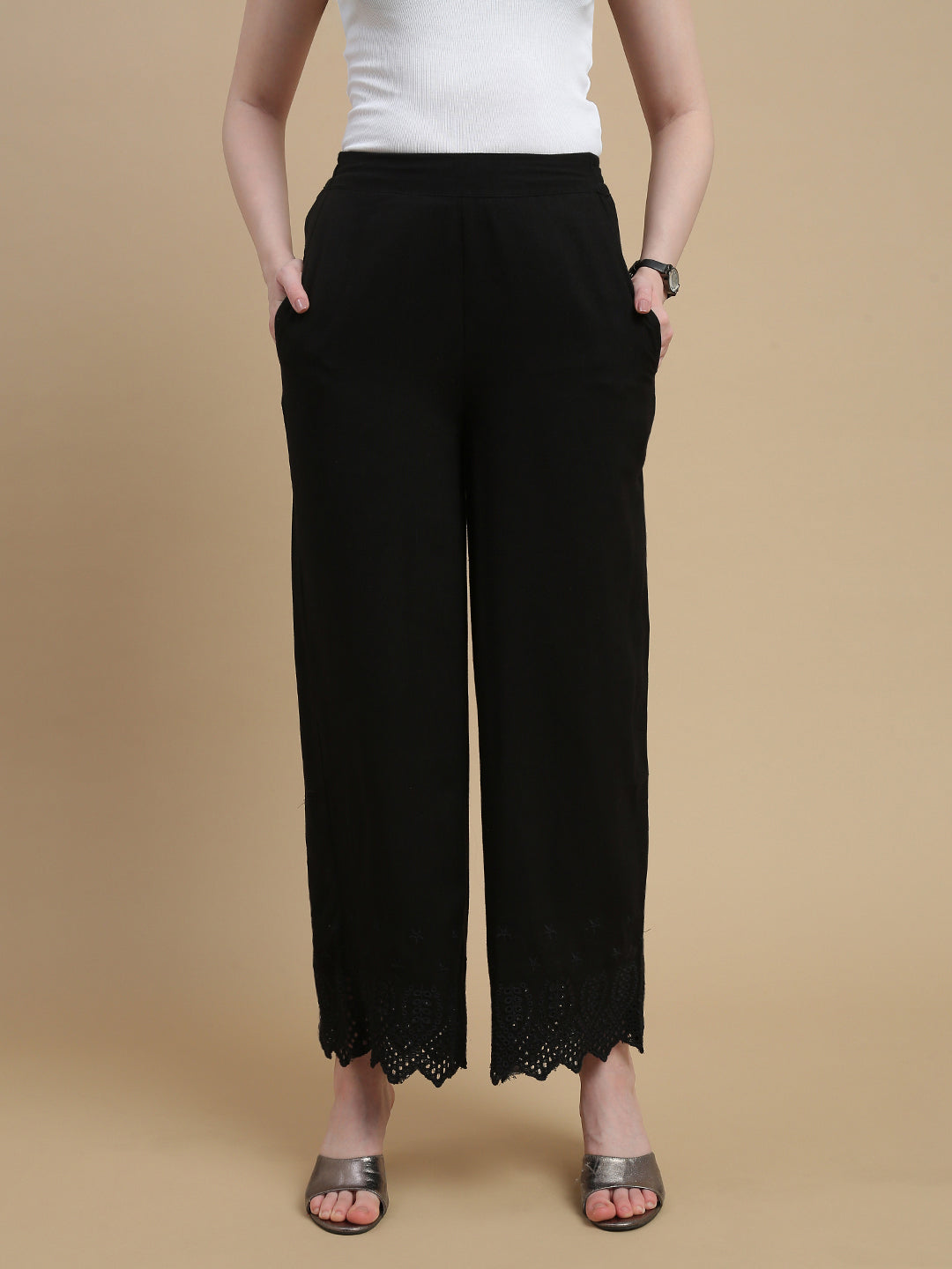 De Moza Women Woven Viscose Flex Regular Fit Schiffly Narrow Palazzo Pant with Functional Pockets Black - De Moza