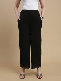 De Moza Women Woven Viscose Flex Regular Fit Schiffly Narrow Palazzo Pant with Functional Pockets Black - De Moza