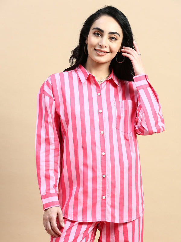 Oversized Stripped Shirt-Pink - De Moza