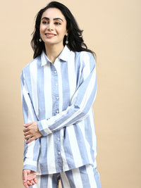 Co-Ord Set Striped (Shirt & Wide Leg Pant)-Blue - De Moza