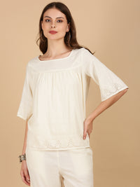 De Moza Women Woven Rayon Boxy Fit Top Natural