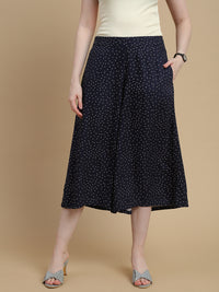 De Moza Women Woven Rayon Twill Loose Fit Printed Culottes with Functional Pockets Navy Blue - De Moza