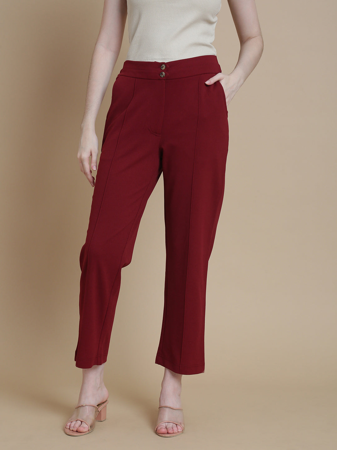 De Moza Women Woven Polyester Work wear Casual Pant with Functional Pockets Burgundy - De Moza