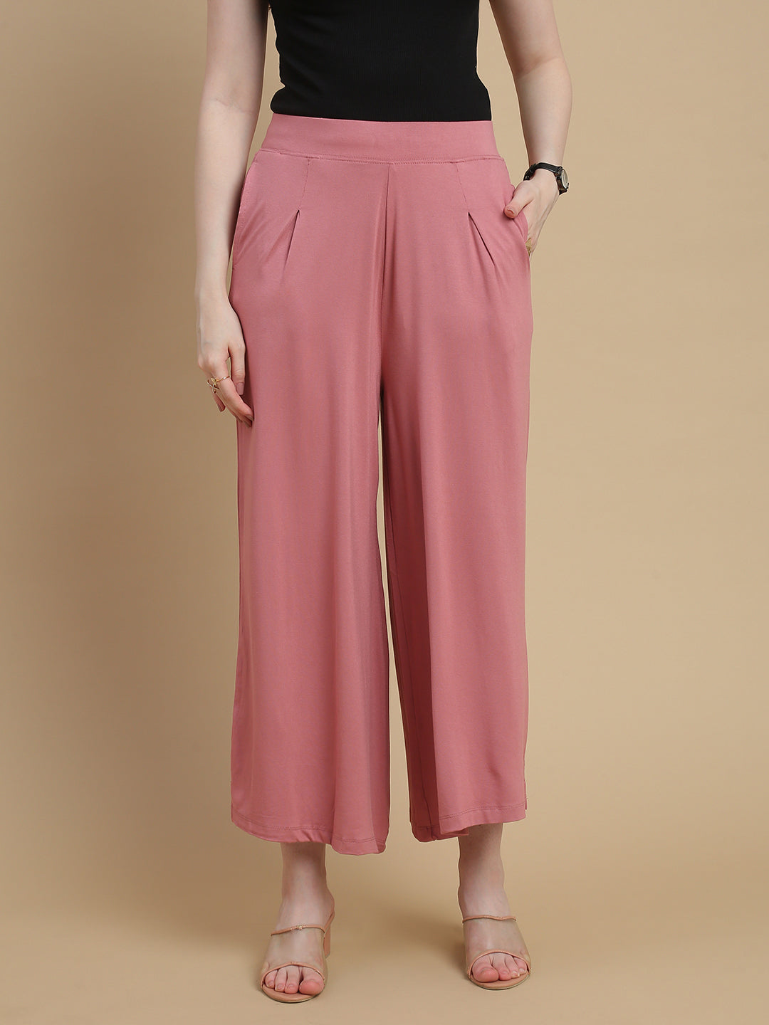 De Moza Women Knitted Viscose Stretch Large Pleated Palazzo Pant with Functional Pockets Dusty Pink - De Moza