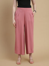 De Moza Women Knitted Viscose Stretch Large Pleated Palazzo Pant with Functional Pockets Dusty Pink - De Moza