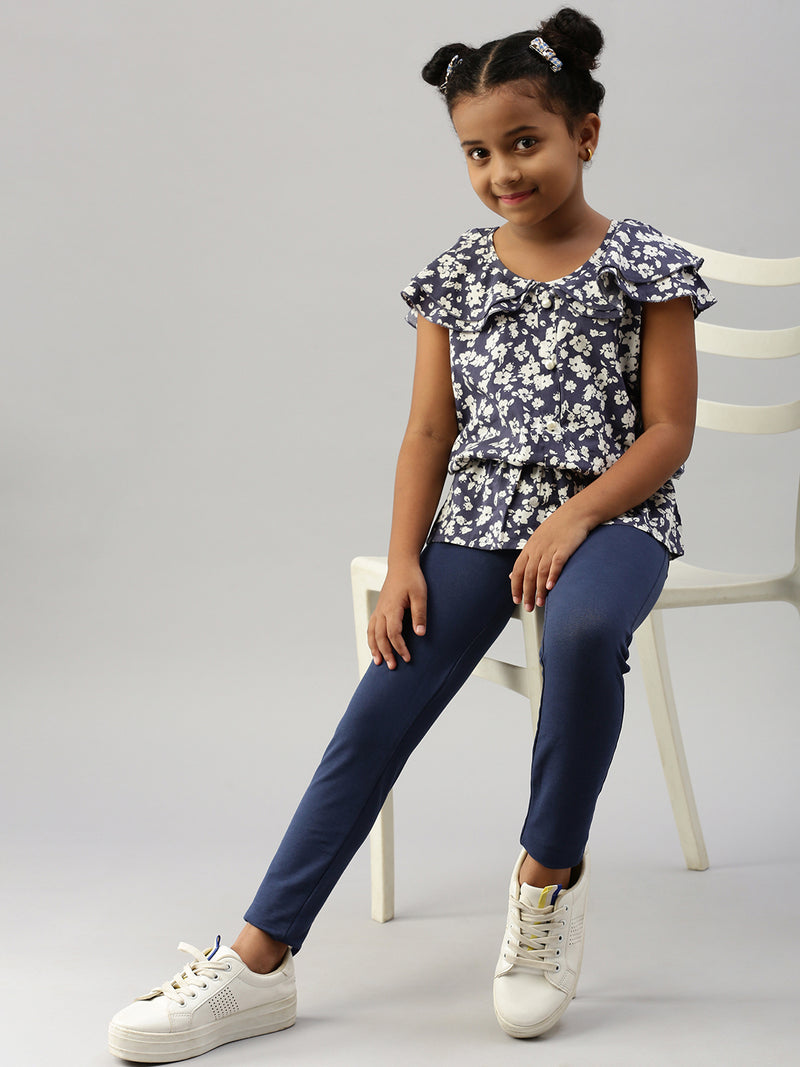 De Moza Girls Solid Jegging Navy Blue