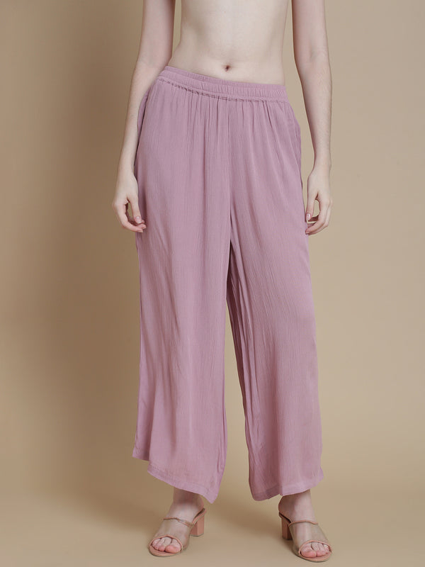 De Moza Women Woven Rayon Straight Palazzo with Functional Pockets Light Pink - De Moza