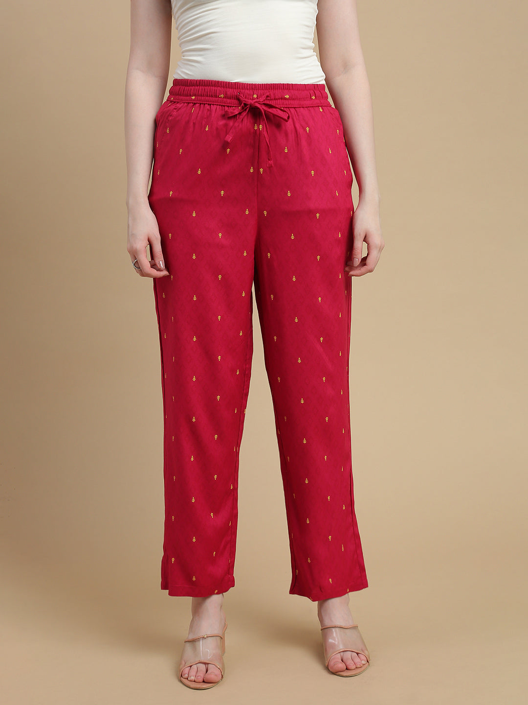 De Moza Women Woven Rayon Straight Fit Printed Straight Pant with Functional Pockets Fuchsia - De Moza