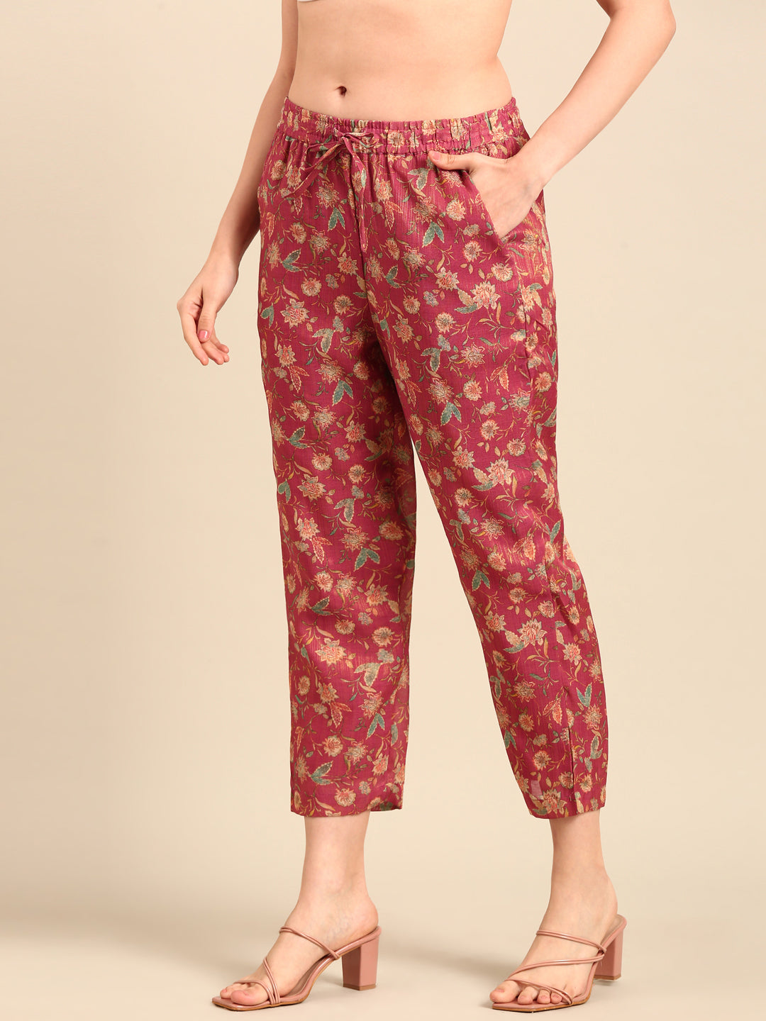 Straight Pant All Over Print-Dark Pink - De Moza