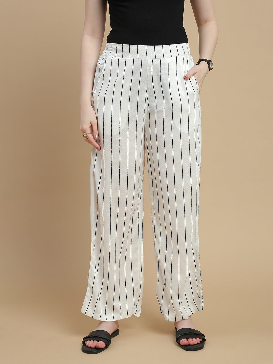 De Moza Women Woven Rayon Dobby Loose Fit Printed Straight Palazzo Pant with Functional Pockets Offwhite - De Moza