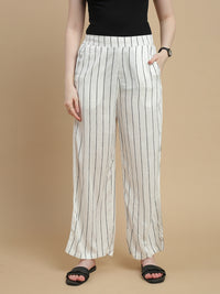 De Moza Women Woven Rayon Dobby Loose Fit Printed Straight Palazzo Pant with Functional Pockets Offwhite - De Moza