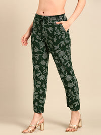Women Printed Straight Pants Bottle Green - De Moza