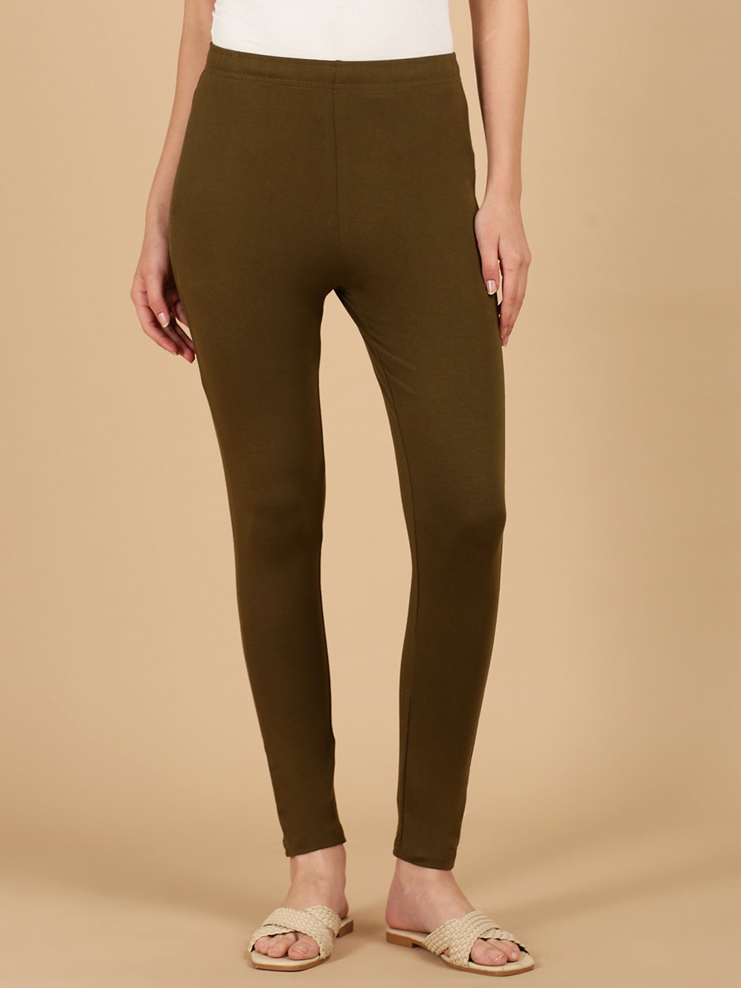 De Moza Women Knitted Cotton Stretch Skinny Fit Kurti Pant with Drawstring and Pocket Olive Green - De Moza