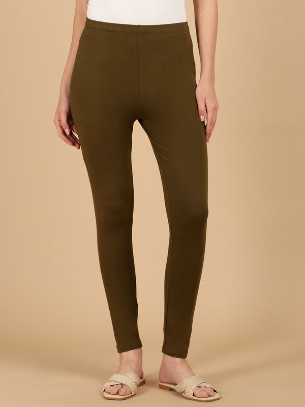 De Moza Women Knitted Cotton Stretch Skinny Fit Kurti Pant with Drawstring and Pocket Olive Green - De Moza