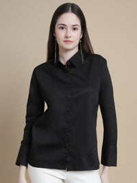 De Moza Women Woven Formal Viscose Satin Shirt Black - De Moza