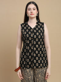 De Moza Women Woven Rayon Regular Fit Printed Sleeveless Top with Collared Neck Black - De Moza