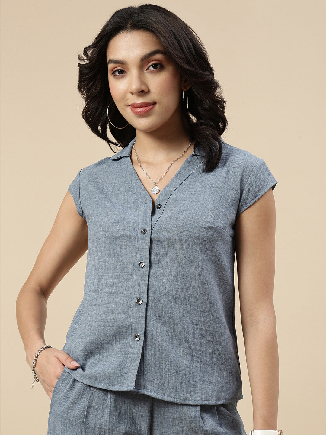 Co-Ord Set(Casual Top & Narrow Palazzo)-Indigo