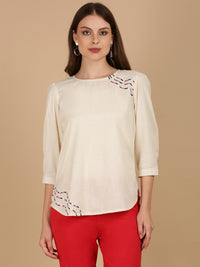 De Moza Women Woven Rayon Regular Fit Top Natural