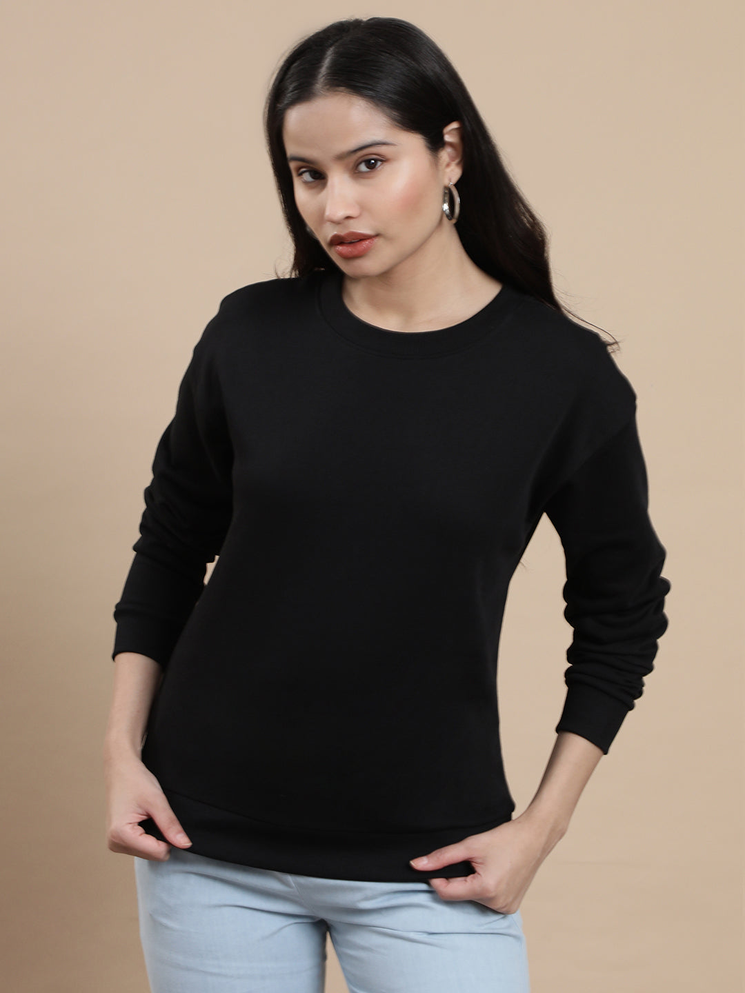 De Moza Women Casual Sweat Shirt Black