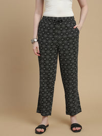 De Moza Women Woven Rayon Straight Fit Printed Straight Pant with Functional Pockets Black - De Moza