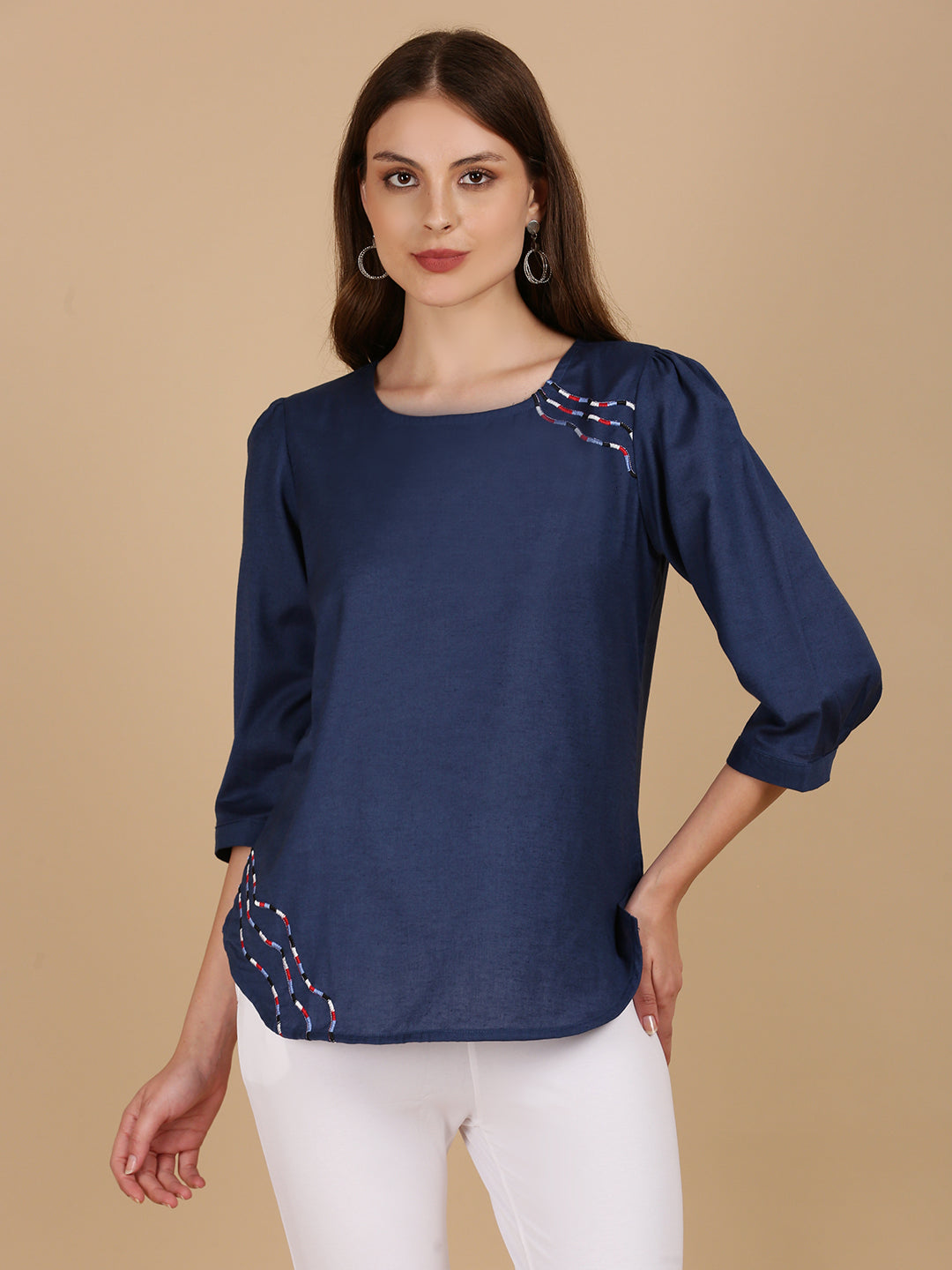 De Moza Women Woven Rayon Regular Fit Top Navy