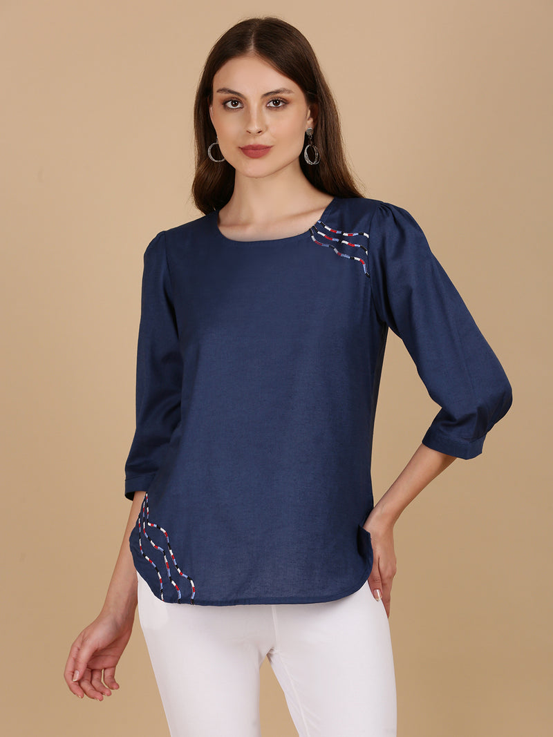 De Moza Women Woven Rayon Regular Fit Top Navy - De Moza