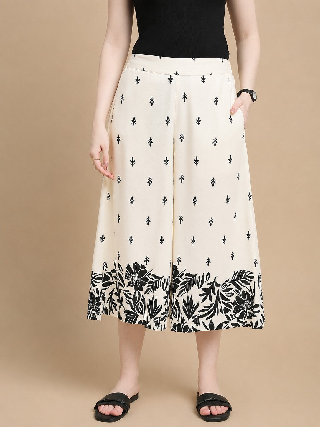 De Moza Women Woven Rayon Loose Fit Printed Culottes with Functional Pockets Cream - De Moza