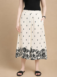 De Moza Women Woven Rayon Loose Fit Printed Culottes with Functional Pockets Cream - De Moza