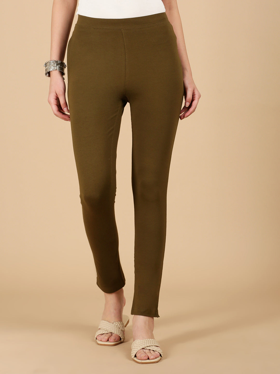 De Moza Women Knitted Cotton Stretch Straight Fit Kurti Pant with Functional Pockets Olive Green - De Moza