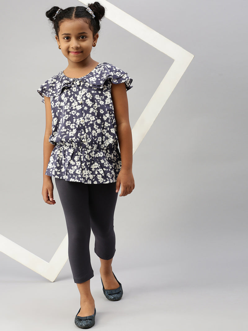 De Moza Girls Printed Top Dark Blue
