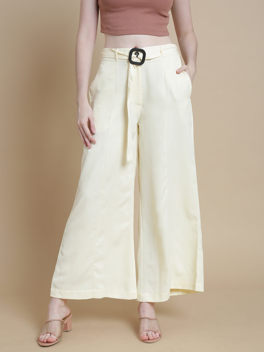 De Moza Women Woven Polyester Work wear Casual Pant with Functional Pockets Offwhite - De Moza
