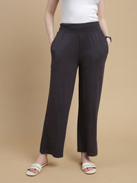 De Moza Women Knitted Viscose Stretch Regular Fit Flared Pant with Functional Pockets Dark Grey - De Moza