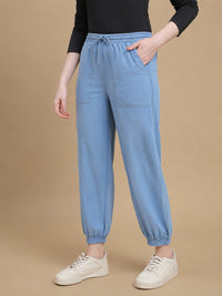 De Moza Women Woven Cotton Regular Fit Denim Jogger with Functional Pockets Light Blue - De Moza