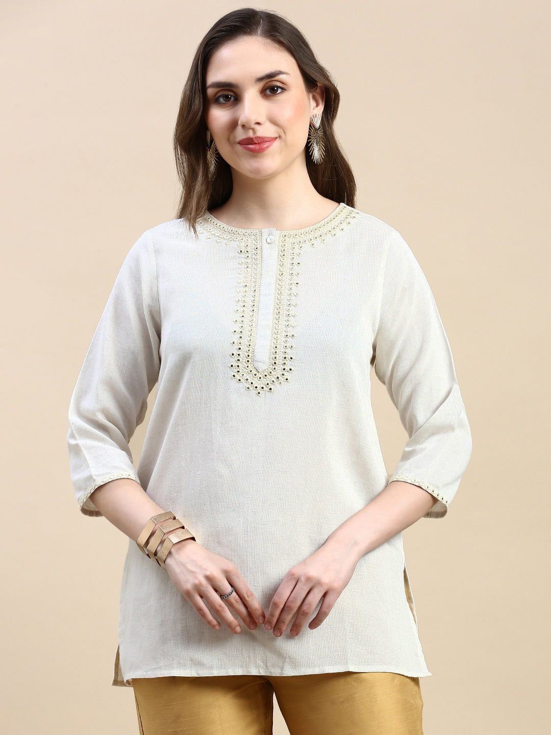 Embroidered Tunic Top-Natural - De Moza