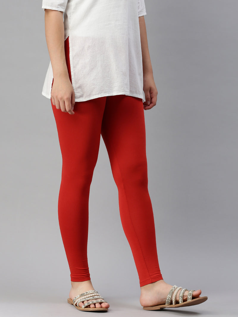 De Moza Ladies Ankle Length Leggings Solid Cotton Brick Red