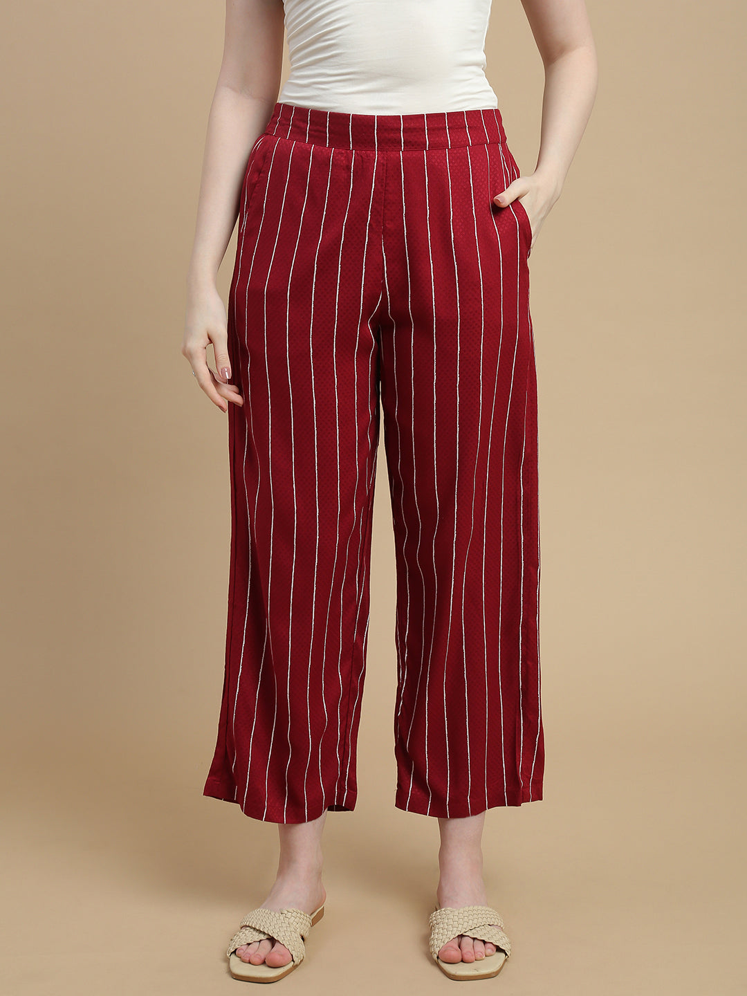 De Moza Women Woven Rayon Dobby Loose Fit Printed Straight Palazzo Pant with Functional Pockets Burgundy - De Moza