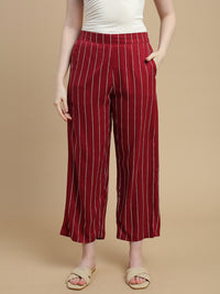 De Moza Women Woven Rayon Dobby Loose Fit Printed Straight Palazzo Pant with Functional Pockets Burgundy - De Moza