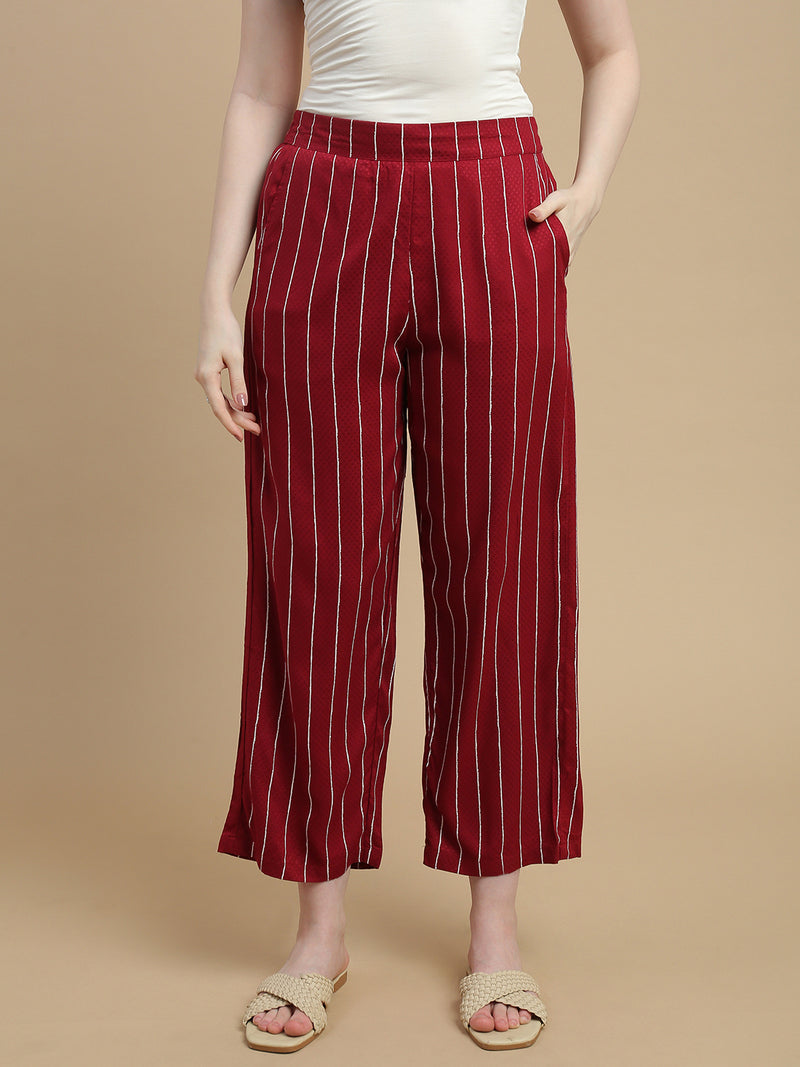 De Moza Women Woven Rayon Dobby Loose Fit Printed Straight Palazzo Pant with Functional Pockets Burgundy - De Moza