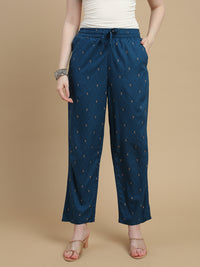 De Moza Women Woven Rayon Straight Fit Printed Straight Pant with Functional Pockets Teal Blue - De Moza