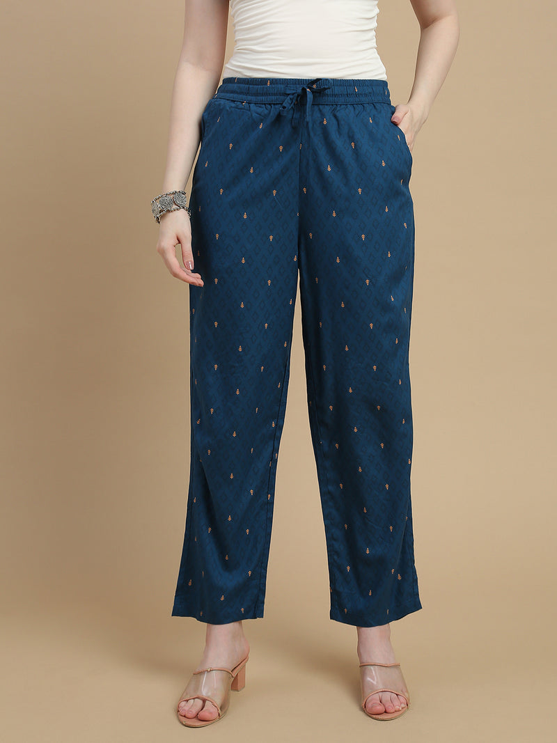 De Moza Women Woven Rayon Straight Fit Printed Straight Pant with Functional Pockets Teal Blue - De Moza