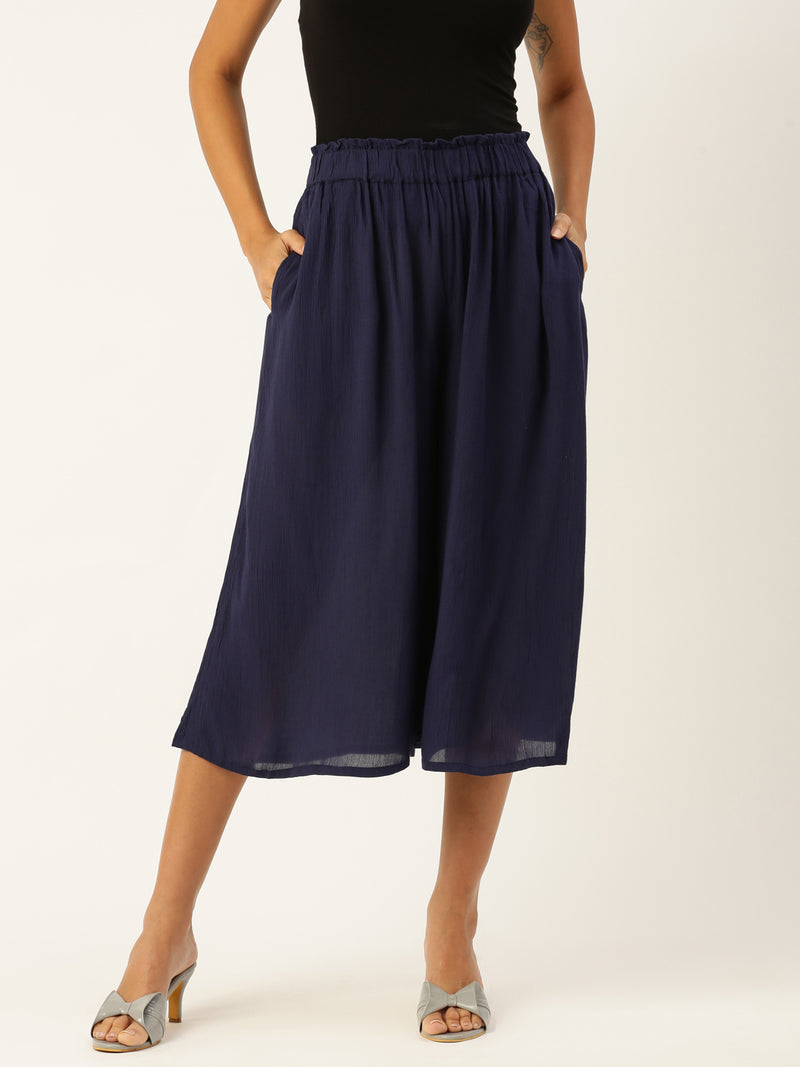 De Moza Women Culottes  Solid Viscose Navy Blue - De Moza